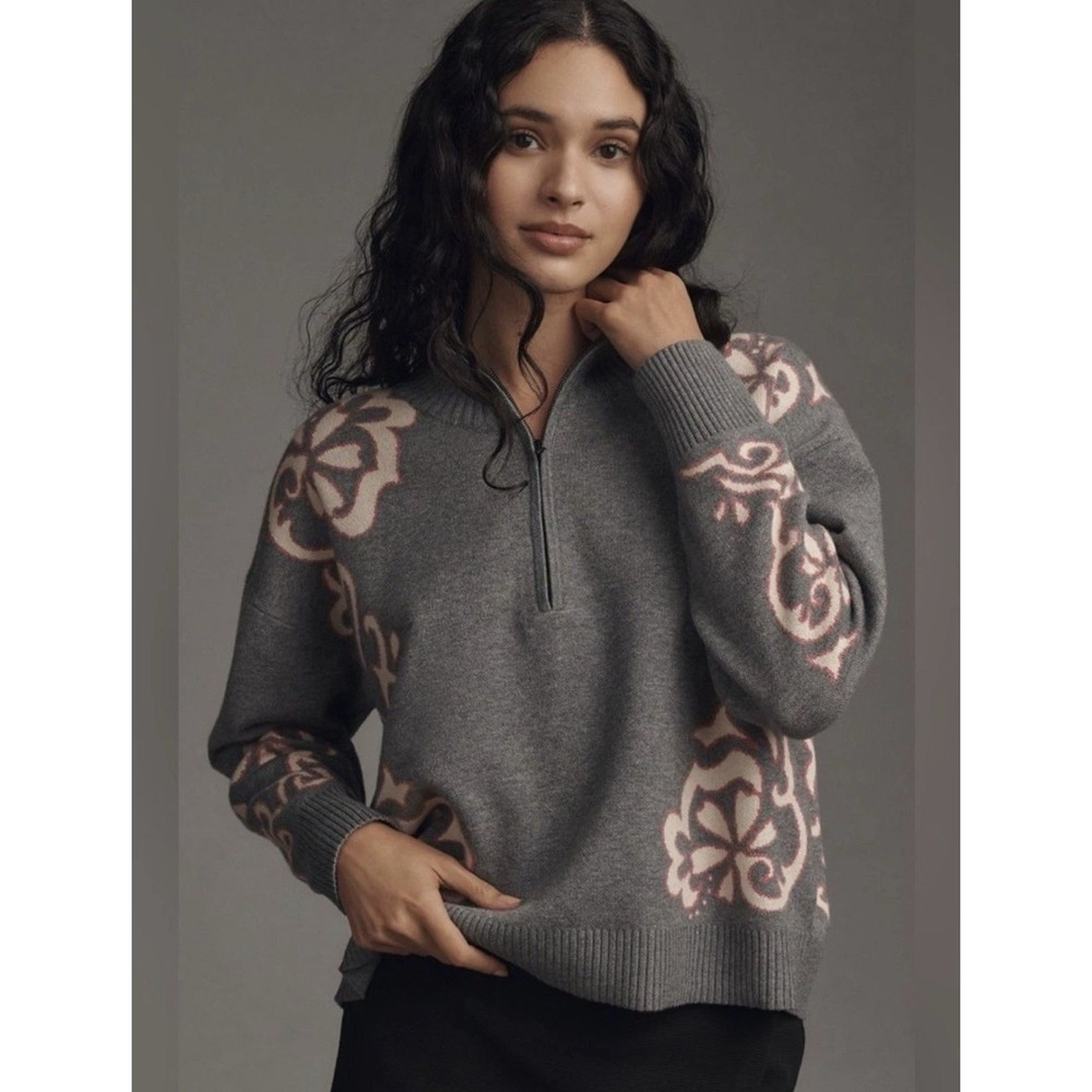 Anthropologie Maeve Montana Sweater Medium Quarter Zip‎ Gray Pink Soft Girl Cozy